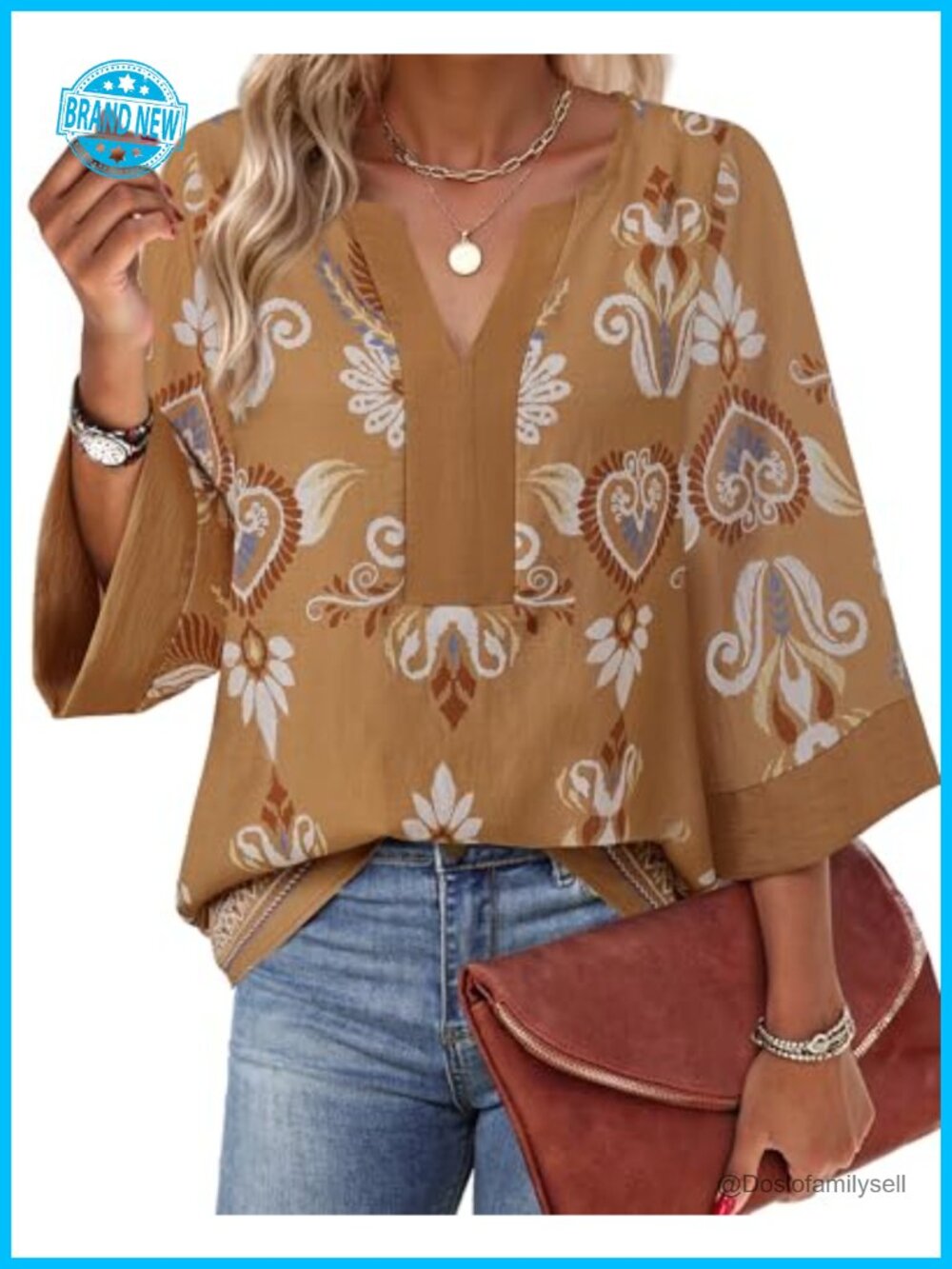 Women's Floral Chiffon Blouse 3/4 Sleeve V-Neck Loose Fit Tunic Top